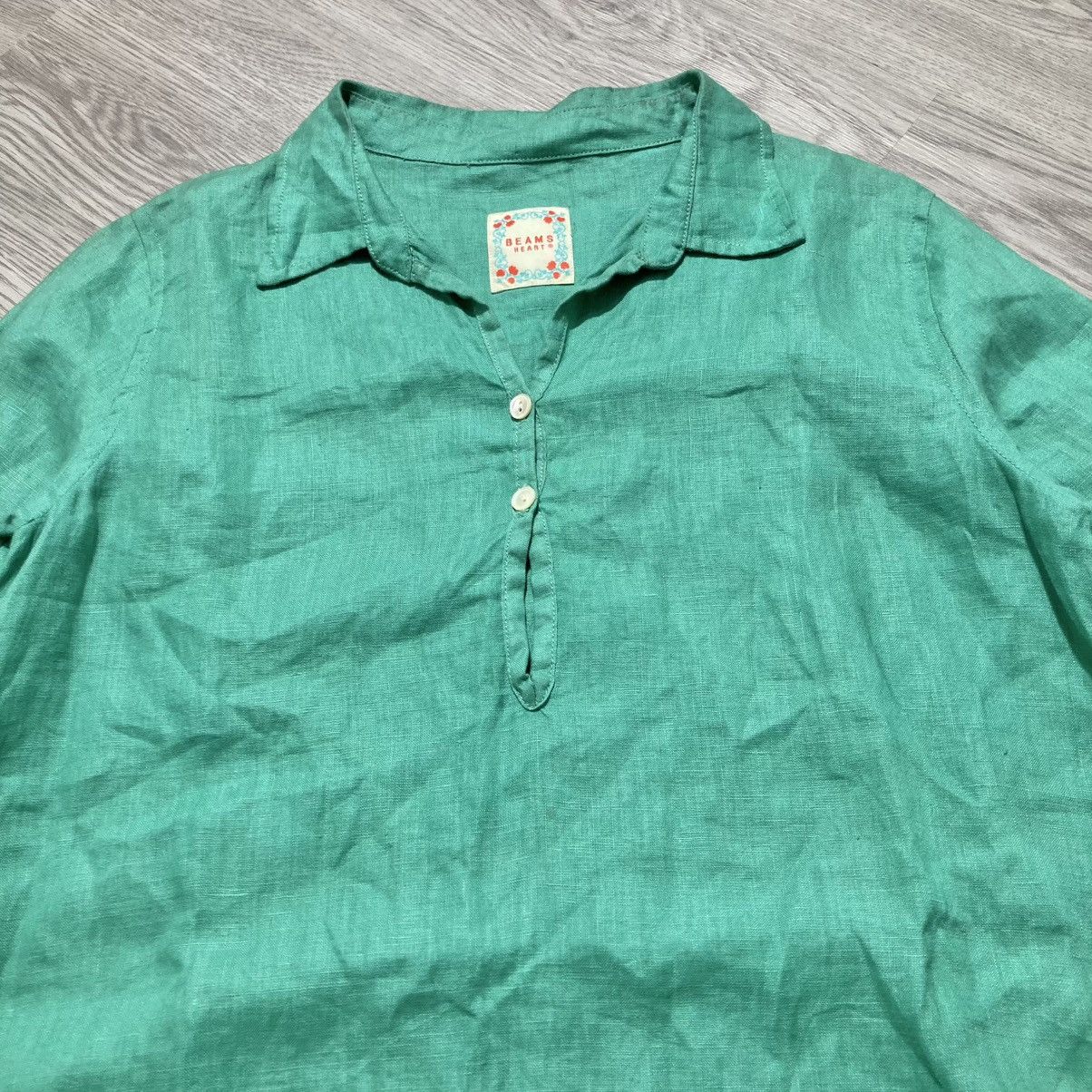 Japanese Brand 2000s Beams Heart Collar Overhead Linen Shirt Green Designer Size M / US 6-8 / IT 42-44 - 4 Thumbnail