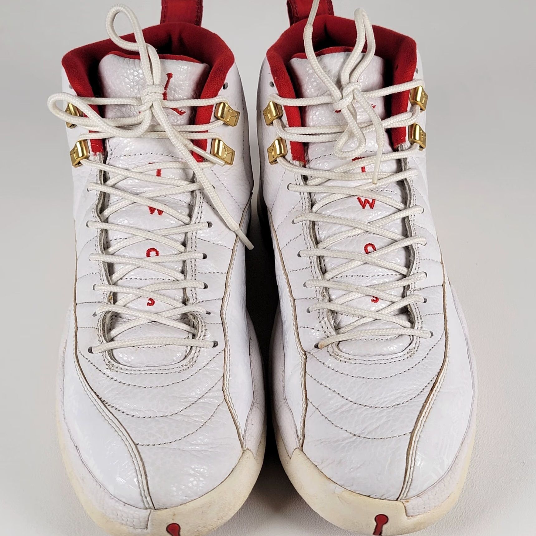 Jordan Brand Nike Air Jordan 12 Retro White/Red/Metallic Gold Mens Size 11 US Leather Upper High Top Sneaker Basketball Casual Size ONE SIZE - 2 Thumbnail