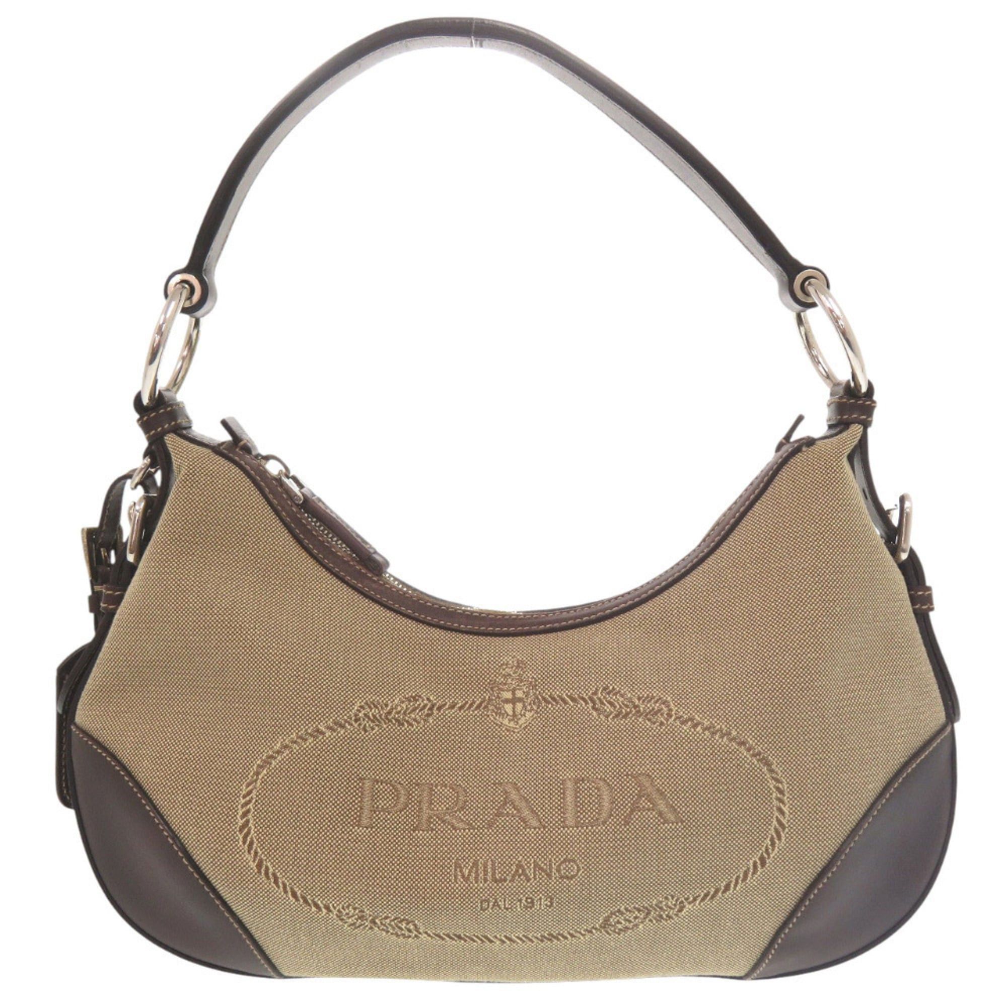 Prada Excellent condition Prada logo jacquard canvas bag BR3429 with silver hardware, semi-shoulder or one-shoulder style, brown leather, 0505 Size ONE SIZE - 1 Thumbnail