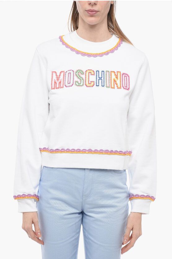 image of Moschino Couture! Crew Neck Cotton Sweatshirt With Crochet Embroideri in White, Women's (Size Mediu