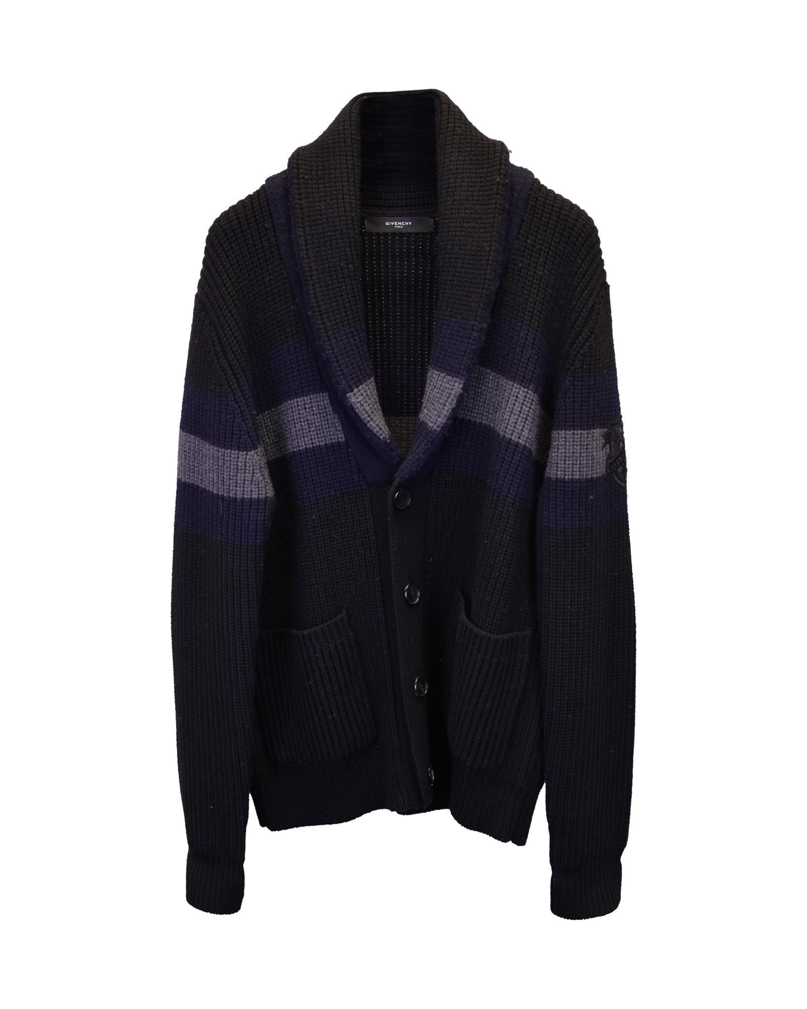 image of Givenchy Striped Shawl-Collar Wool Cardigan With Embroidered Emblem in Black, Men's (Size XL)