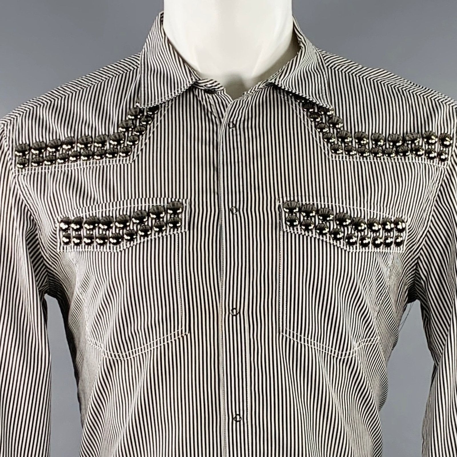 Pierre Balmain Silver Black White Stripe Studded Cotton Long Sleeve Shirt Size US M / EU 48-50 / 2 - 2 Thumbnail