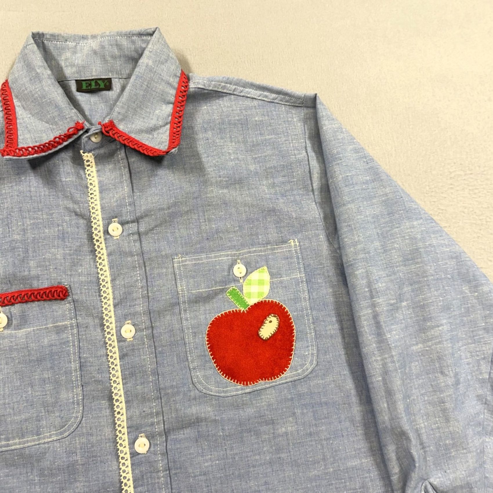 Apple Vintage ELY Shirt Mens M Blue Chambray Teacher Cat Applique 70s Button-Up Long Sleeve Size US M / EU 48-50 / 2 - 3 Thumbnail