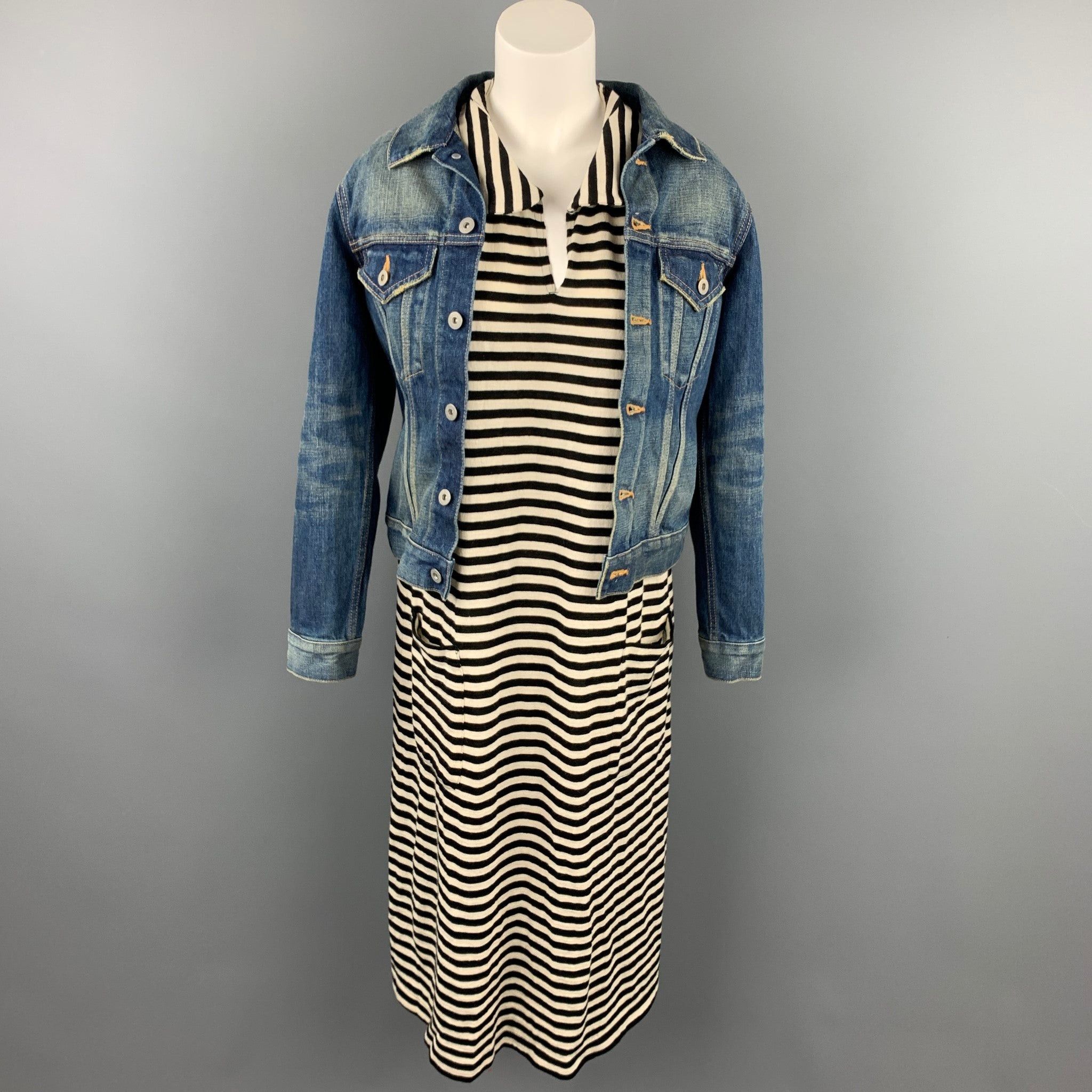 S Black White Stripe Jersey Layered Denim Jacket Dress