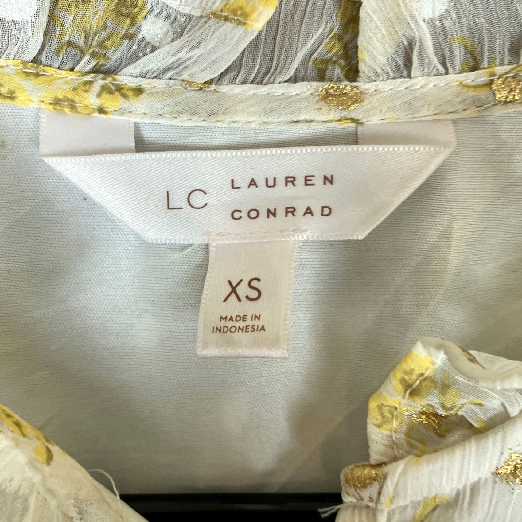 Lauren Conrad LC Lauren Conrad Womens Blouse White Yellow Floral Sheer Long Sleeve Lined XS Size XS / US 0-2 / IT 36-38 - 6 Thumbnail