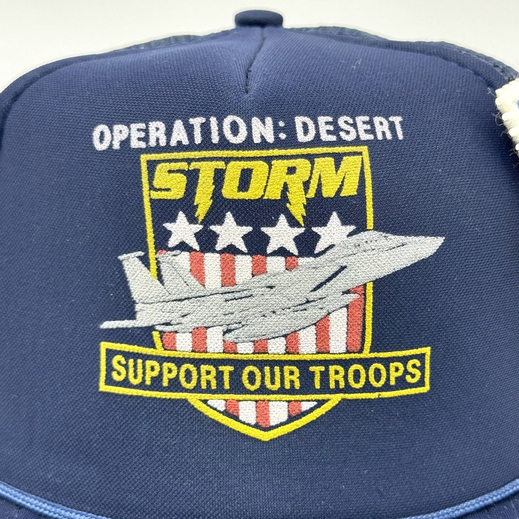 Vintage VINTAGE 90S OPERATION DESERT STORM F-16 FIGHTER GRAPHIC TRUCKER HAT NAVY BLUE W/PINS CS I Size ONE SIZE - 2 Thumbnail