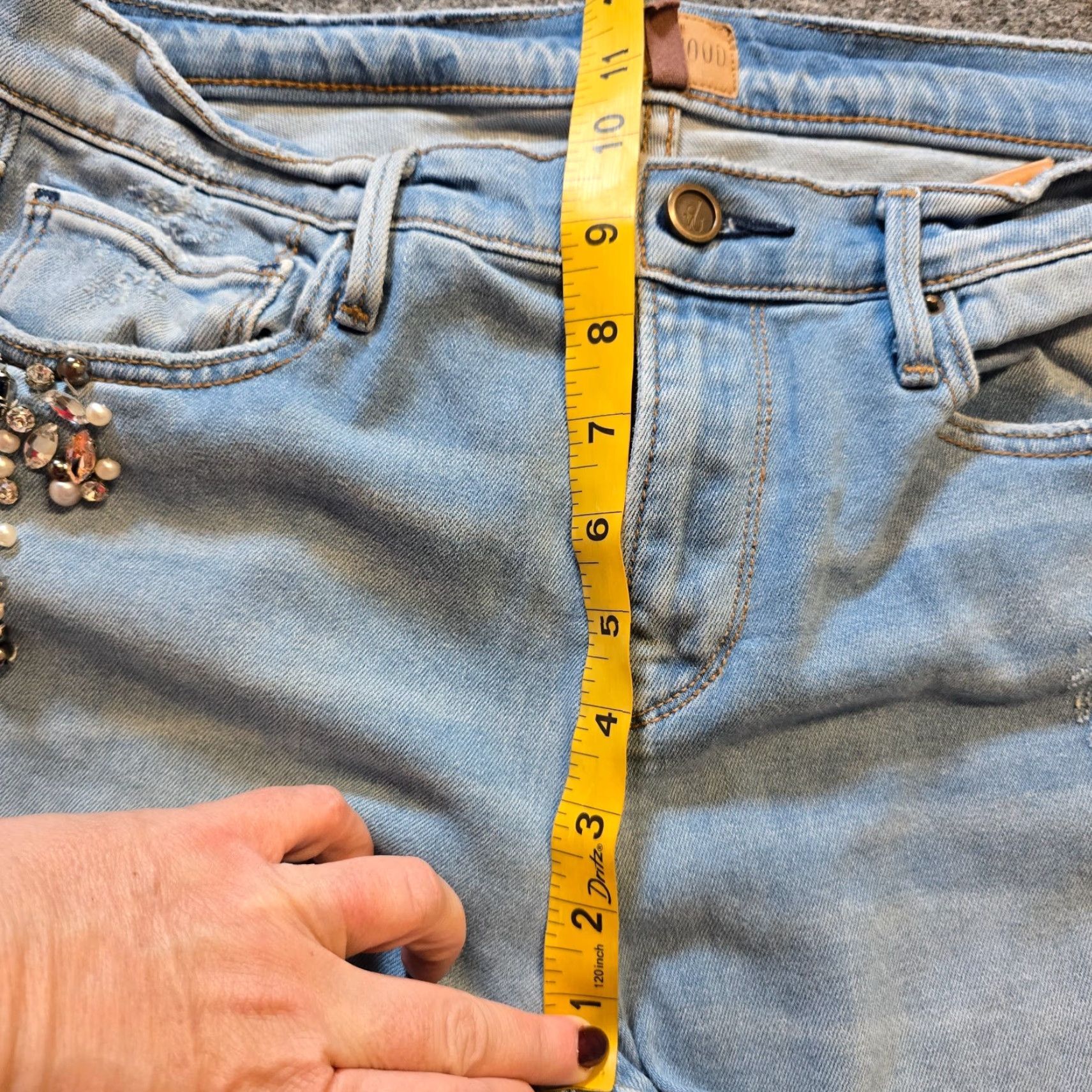 Vintage Driftwood Jeans Womens Size 29 Blue Rhinestones Pearls Distressed Jackie Skinny Bohemian Size 29" - 7 Thumbnail