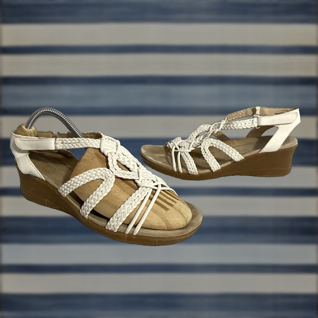 Vintage BareTraps Takara White Tan Braided T-Strap Wedge Sandals 8.5 M Buckle Heel Strap Platforms & Wedges Womens Sandal Size US 6 / IT 36 - 1 Thumbnail