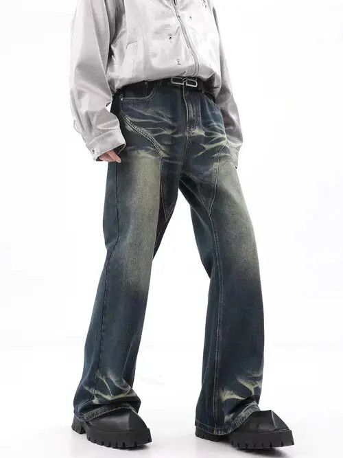 Retro distressed washed deconstructed micro-flare jeans
