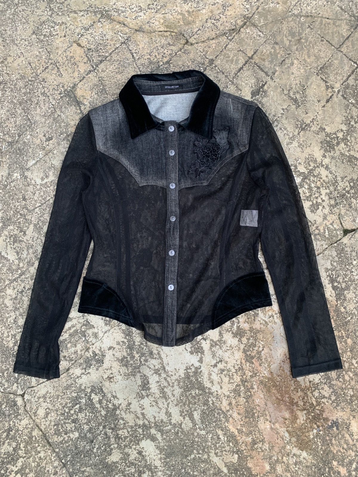 Intellection Japan Embroidery Jeans Mesh and Velvet Jacket