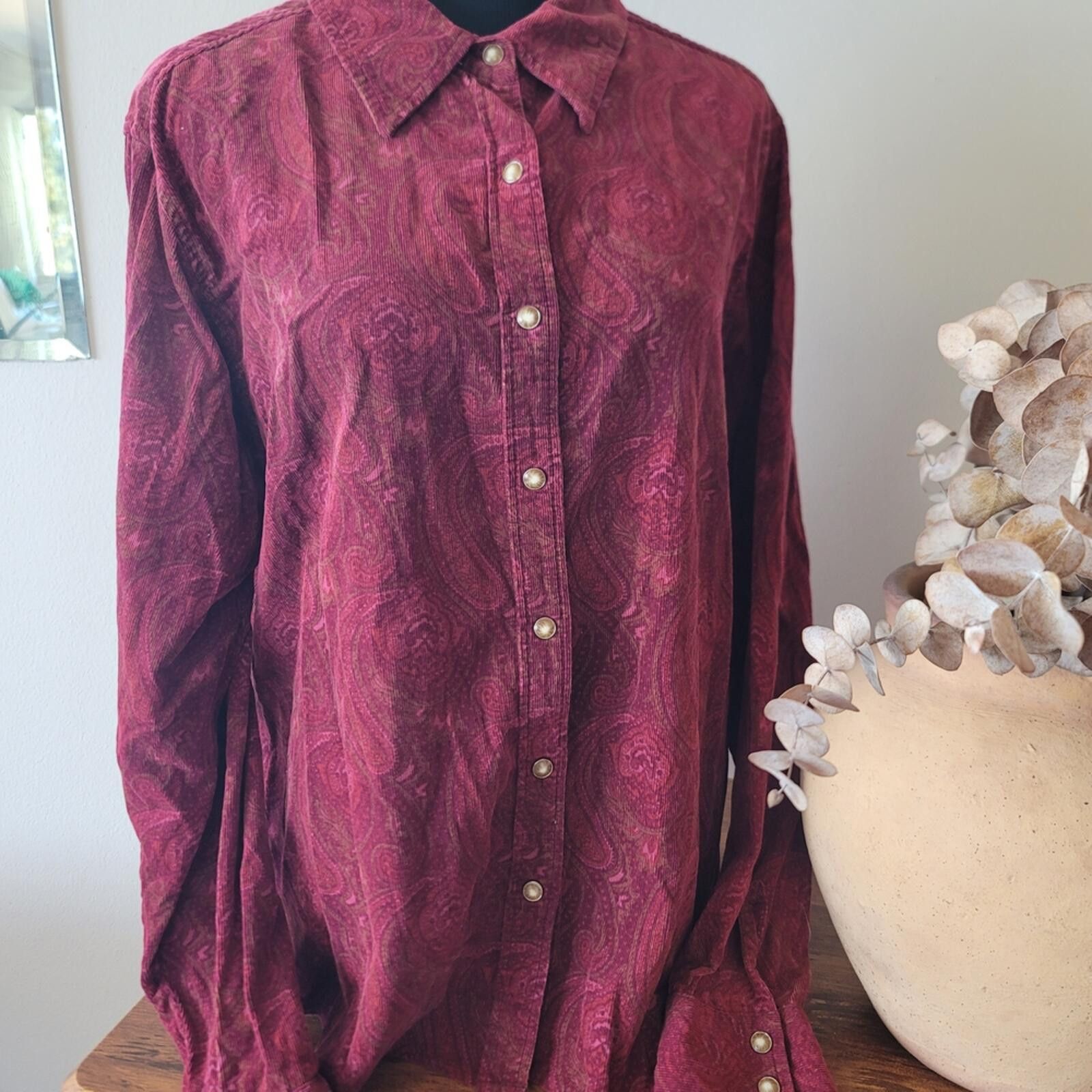 St. Johns Bay St. John's Bay Burgundy Corduroy Paisley Shirt Cotton Sz XL Size XL / US 12-14 / IT 48-50 - 3 Thumbnail