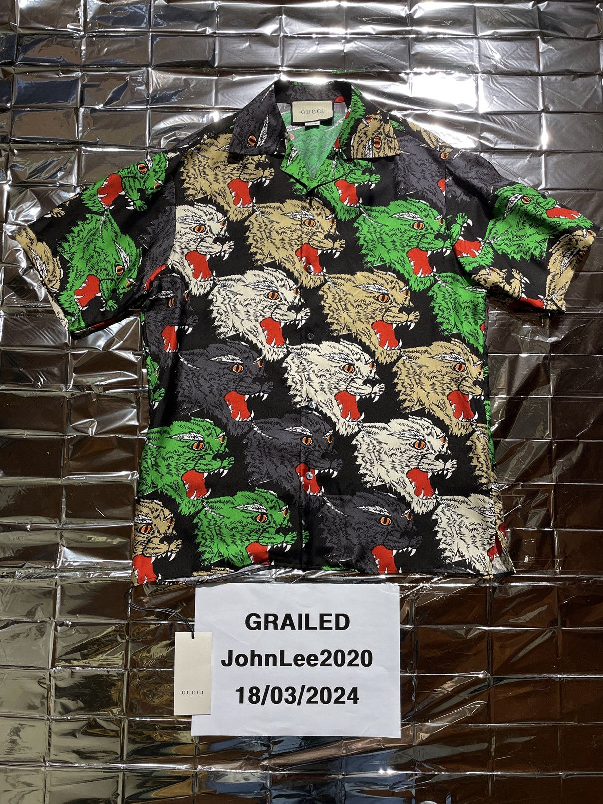 image of Gucci Ss18 Panther Bowling Silk Shirt [46], Men's (Size Small)