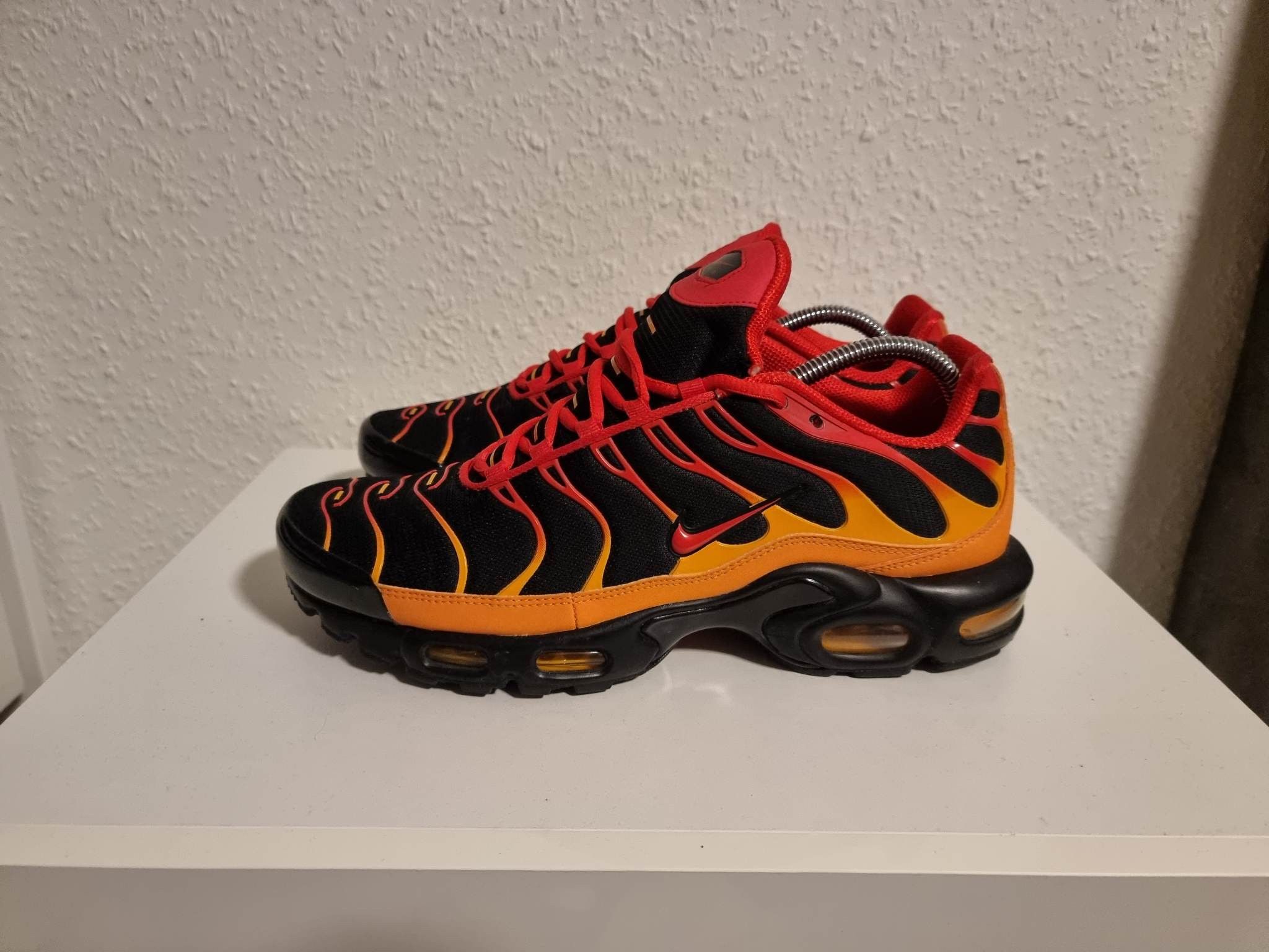 image of Nike Air Max Plus Tn Volcano 44.5 Shoes in Black/Vivid Orange/Chile Red, Men's (Size 11.5)