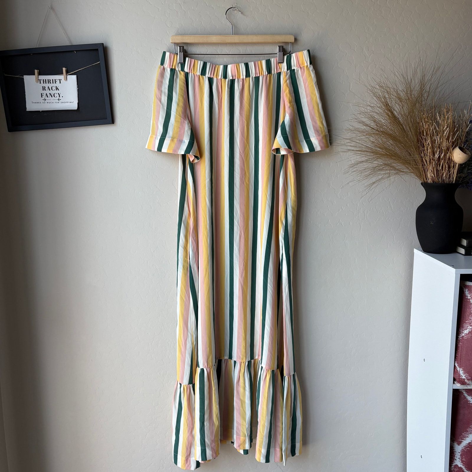 ASCENO Asceno Dress Silk Off Shoulder Striped Midi Dress S Size S / US 4 / IT 40 - 8 Thumbnail