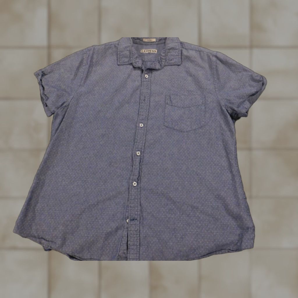 Express Express Mens Button-Up Shirt Large Blue Polka Dot Knit Cotton Regular Long Sleeve Collared Button-Down American Stretch Mens Size US L / EU 52-54 / 3 - 1 Thumbnail