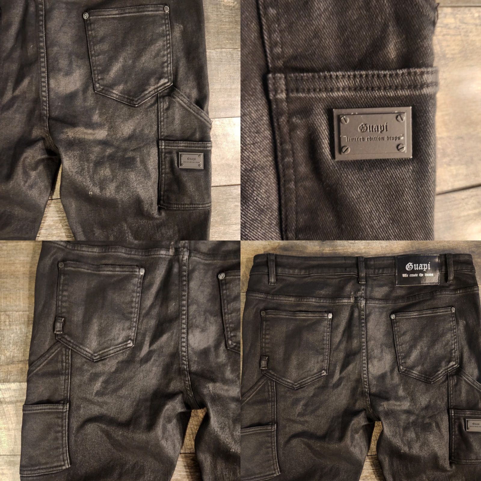 Vintage Guapi Jeans Mens 40x37 Stacked Waxed Black Carpenter Pockets Distressed Cargo Pocket Slim Regular Jeans 40 In Se 37 In Navy? Size US 40 / EU 56 - 9 Thumbnail