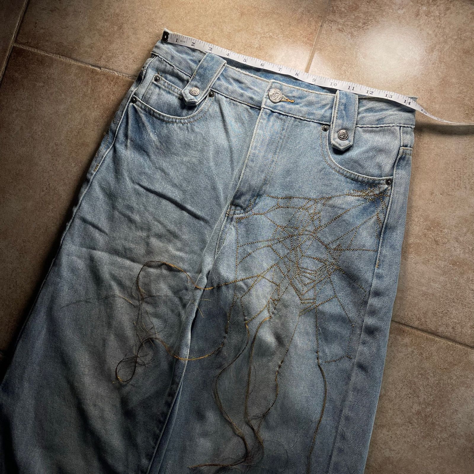 Hysteric Glamour Spider Web Embroidered Blue Wide-Leg Baggy Denim Jeans Size US 29 - 7 Thumbnail
