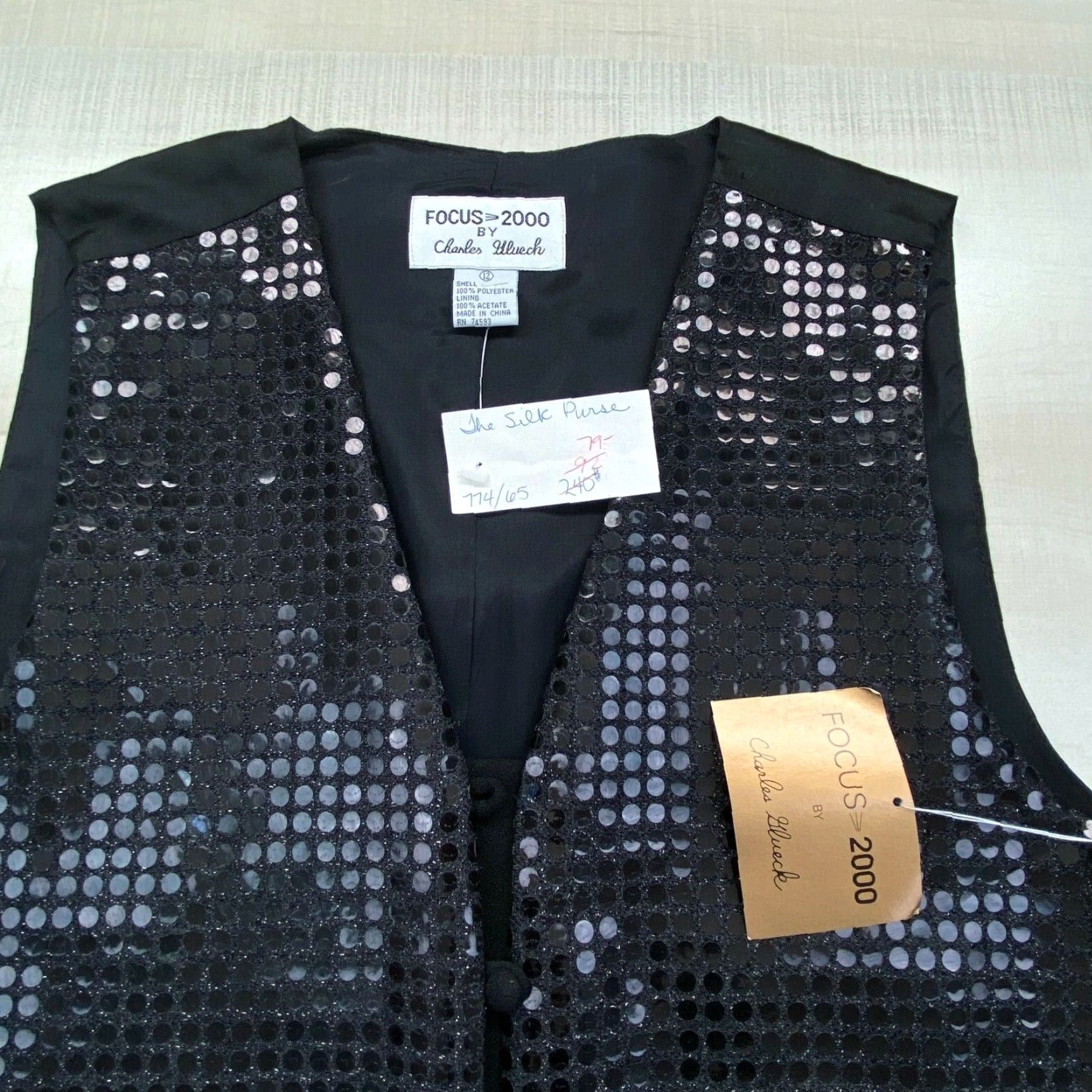 Vintage Focus 2000 by Charles Gluech Womens Vest 12 Black Sequined Embellished New Size XL / US 12-14 / IT 48-50 - 2 Thumbnail