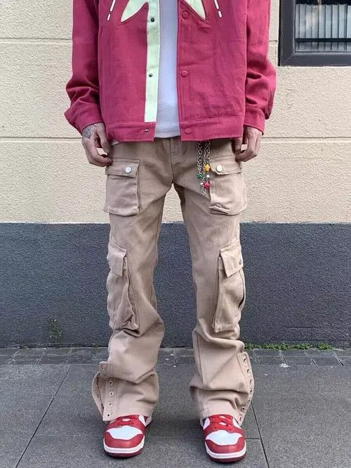 image of Jean Vintage Washed Rivet Multi-Pocket Cargo Trousers in Khaki, Men's (Size 32)