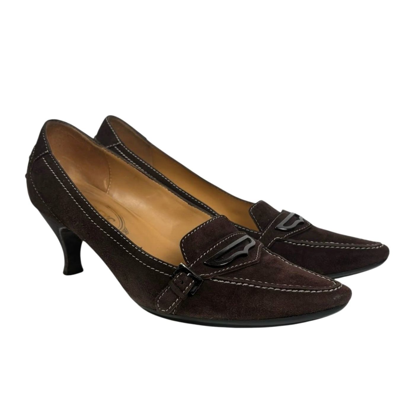 Vintage Tod's Dark Brown Suede Leather Low Heel Loafer Pumps Women's 7.5 Pointed Toe Mid Heel Leather Italy Workwear 2.5" Size US 8 / IT 38 - 4 Thumbnail