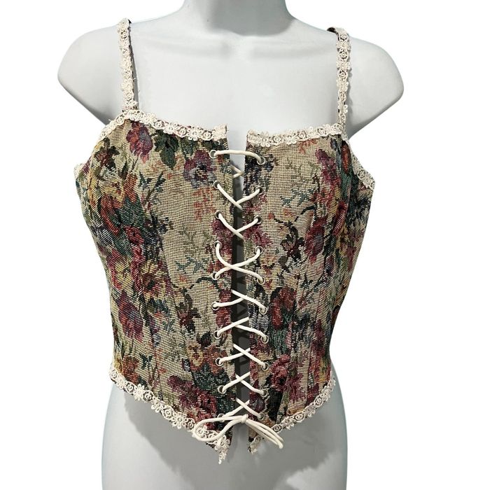 Other Tapestry Corset Lace Up Crop Top Boned Floral Tie Straps S