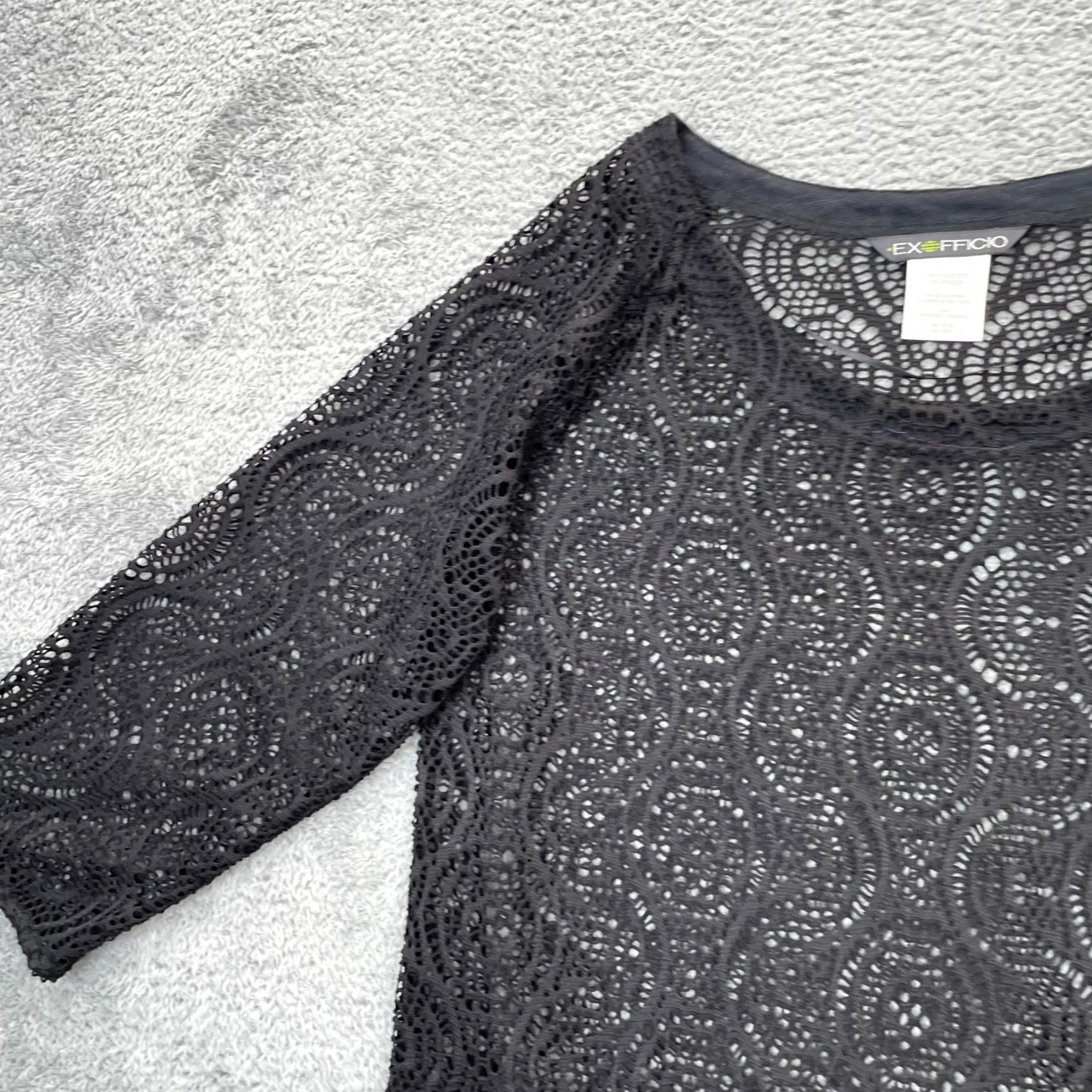 ExOfficio ExOfficio Blouse Tunic Womens Medium Black Round Neck Stretch Lace Detail 3/4 Sleeve Casual Shirt Size M / US 6-8 / IT 42-44 - 3 Thumbnail
