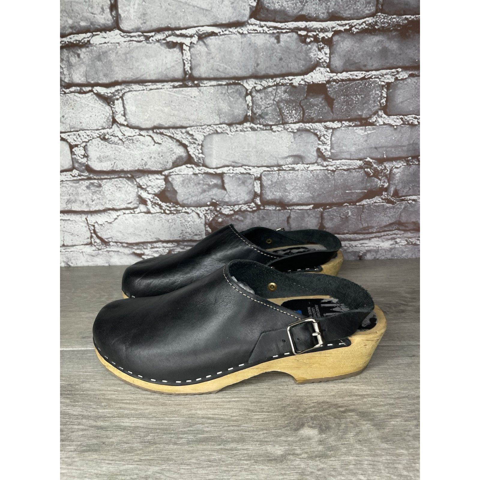 Miansai MIA Alma Swedish Black Leather Wooden Heel Strap Clogs Women Size US 9.5 / IT 39.5 - 21 Thumbnail
