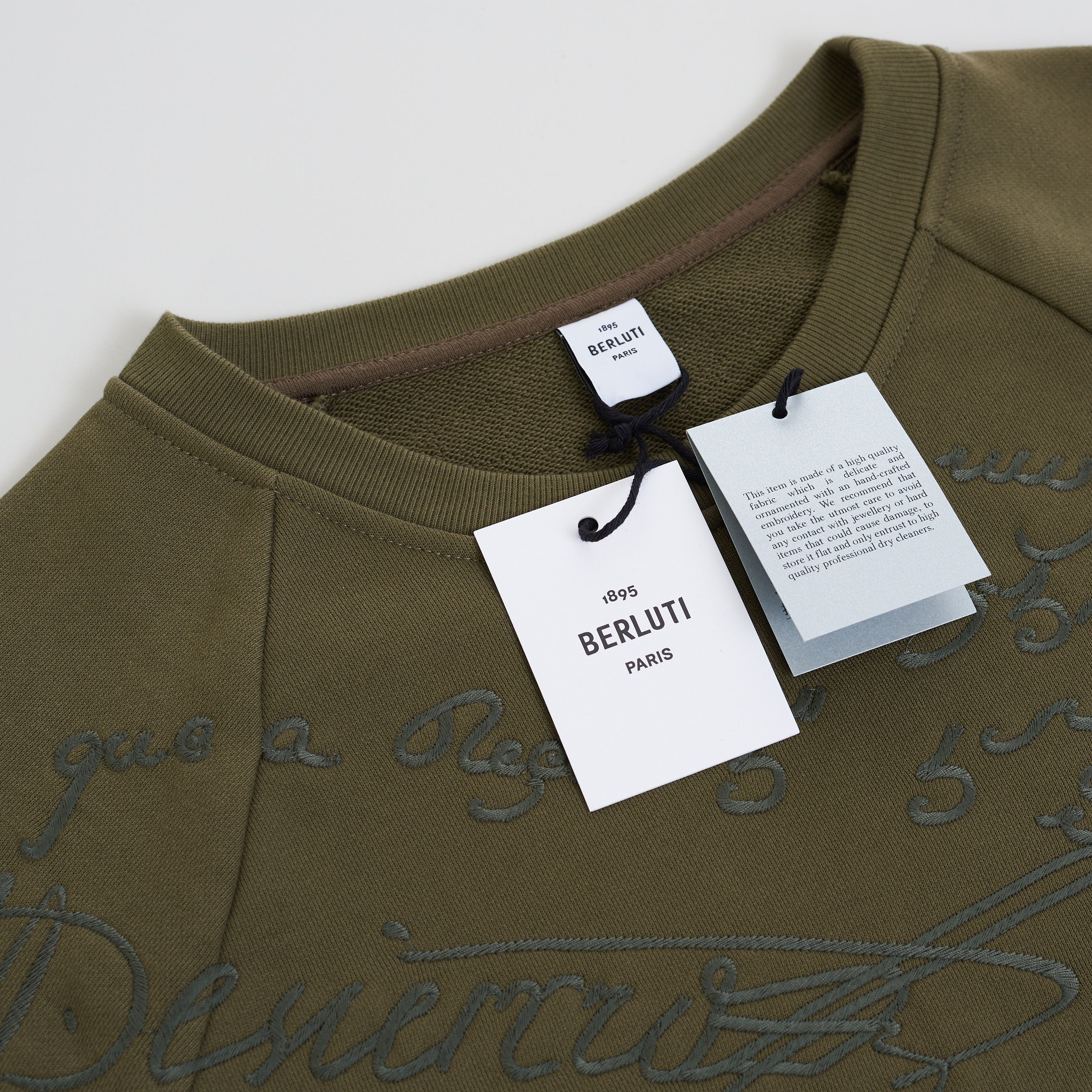 Berluti Embroidered Scritto Sweatshirt In Khaki Green Cotton Size US M / EU 48-50 / 2 - 11 Thumbnail