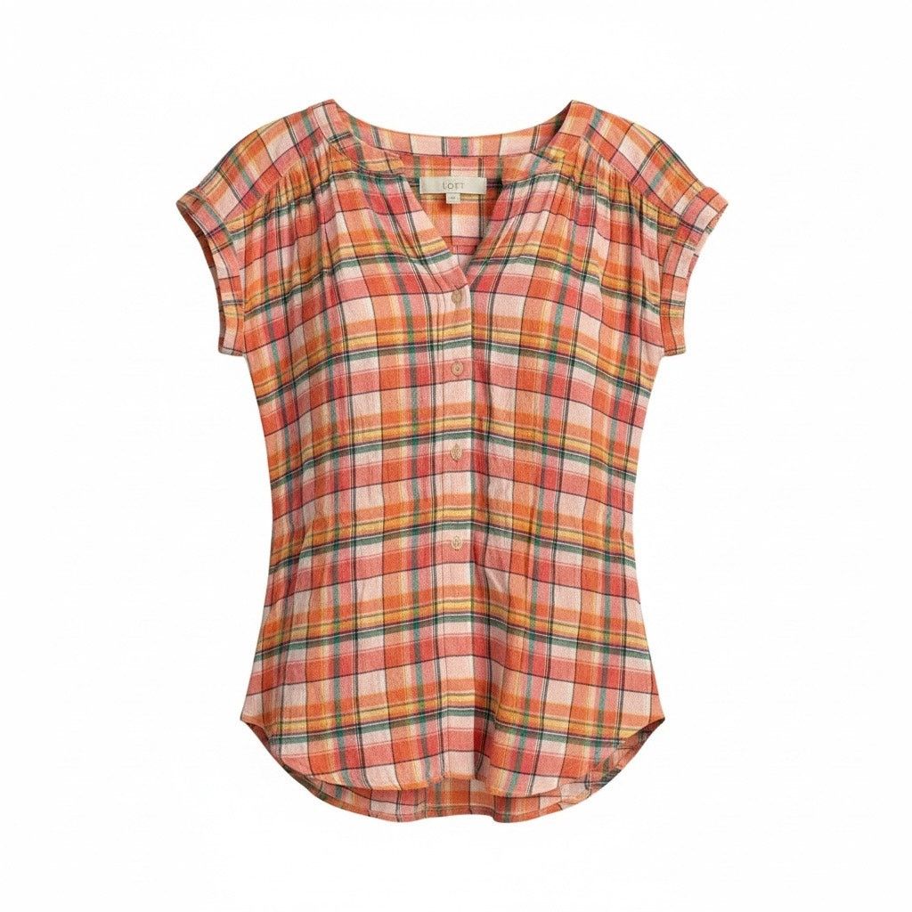 Loft LOFT Plaid Tunic Top XS Pink Orange Green Short Sleeve Size XS / US 0-2 / IT 36-38 - 1 Thumbnail