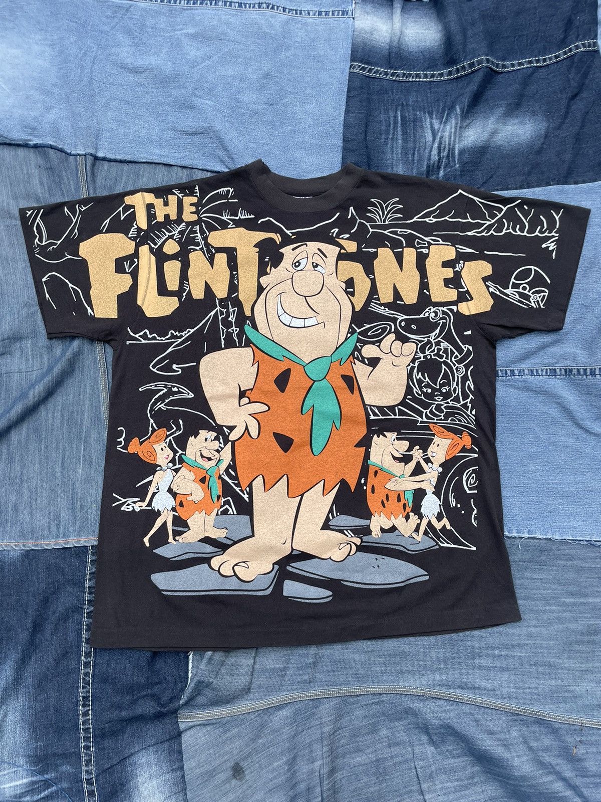 image of Vintage 90's The Flintstones Family Travel Aop Boot Tee in Black, Men's (Size XL)