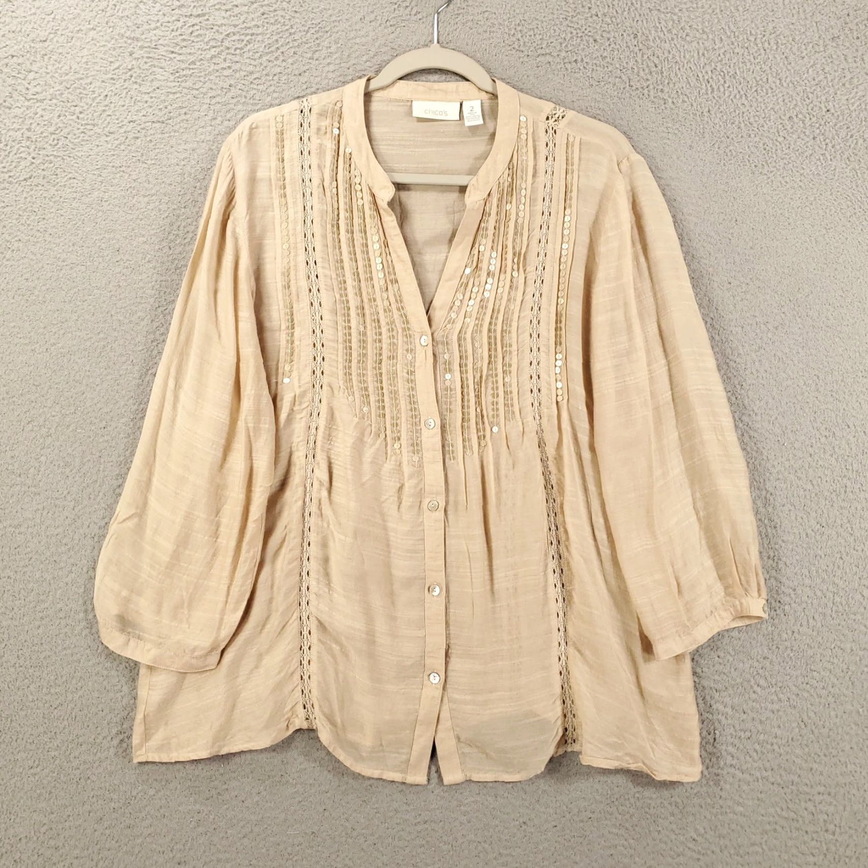 Vintage Chico's Blouse Women Adult Large Beige Sequin Button Sheer V-Neck Long Sleeve Rayon Womens Size L / US 10 / IT 46 - 2 Thumbnail