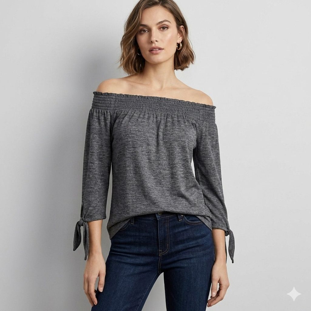White House Black Market WHBM Size M Top Blouse Off Shoulder 3/4 Sleeve Grey Smocked Size M / US 6-8 / IT 42-44 - 2 Thumbnail