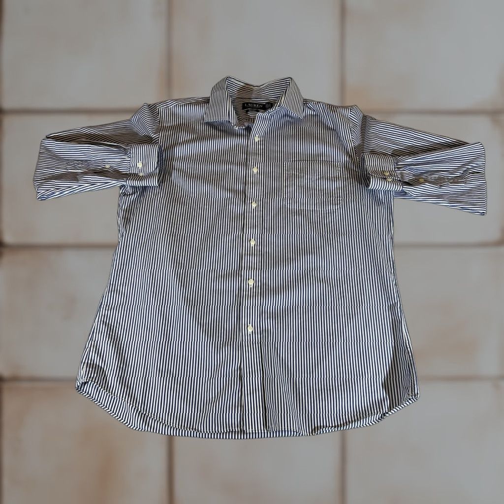 Ralph Lauren Lauren Ralph Lauren Dress Shirt Mens XL Blue Stripe Slim Office Business Non-Iron 100% Cotton 17 Neck 34/35 Sleeve Long Sleeve Size 46R - 1 Thumbnail