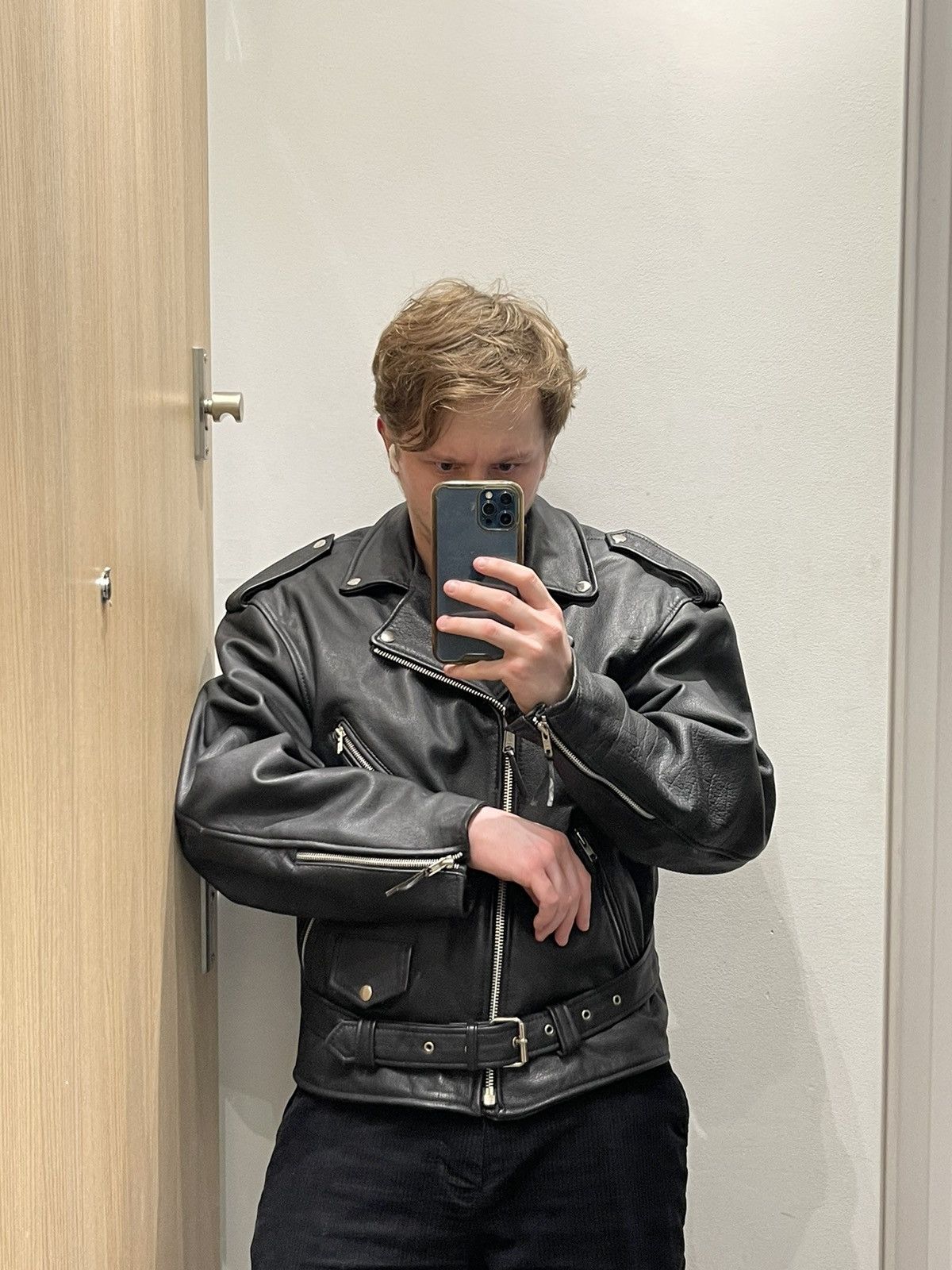 Leather Berto Lucci Biker Belted Moto Racing Black Leather Jacket Size US M / EU 48-50 / 2 - 4 Thumbnail