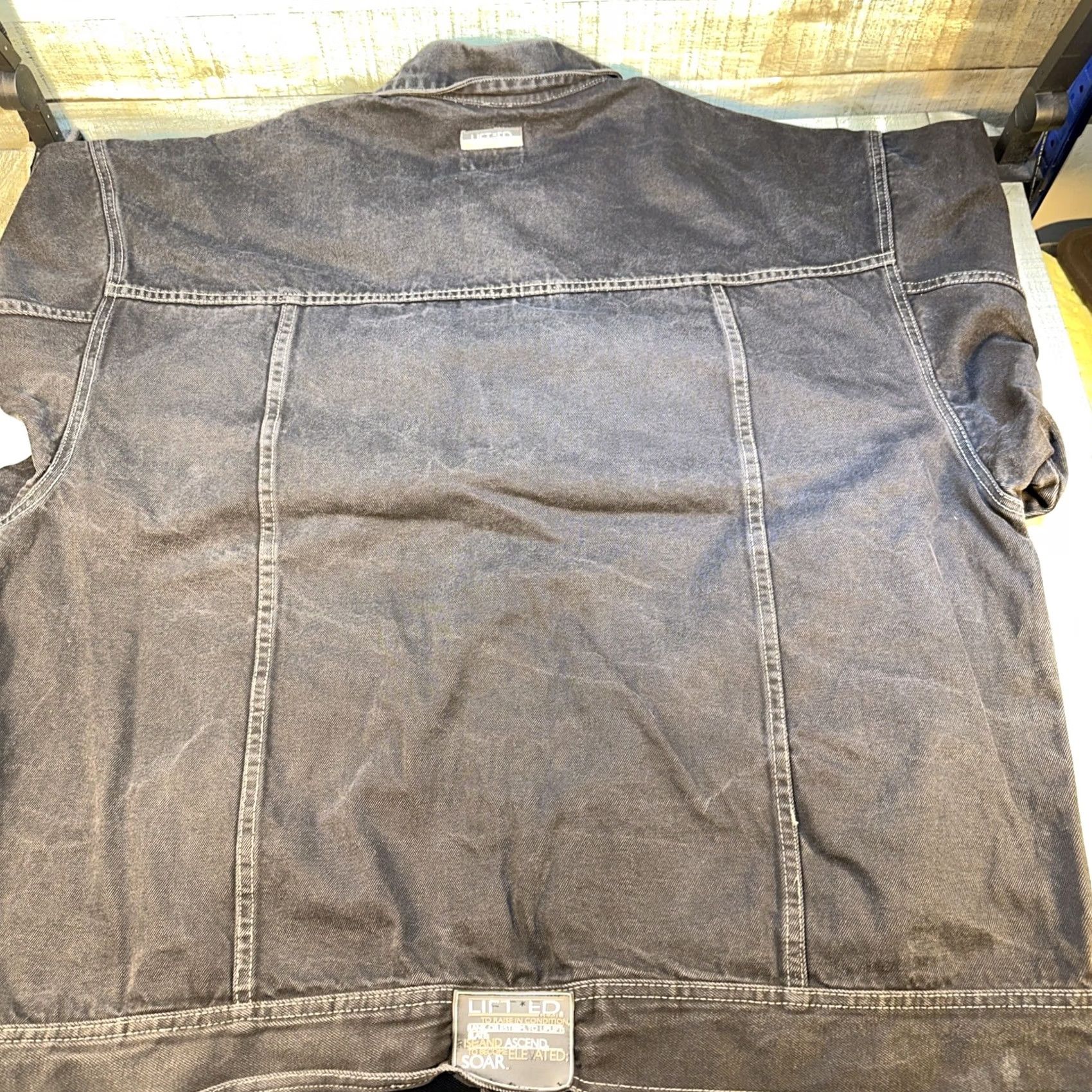 Lifted Anchors Lifted Anchors Denim Jacket Black Heavy Stitch Distressed Look Bomber Jacket 3XL Mens Jacket Denim Cotton Black Size US XXL / EU 58 / 5 - 3 Thumbnail