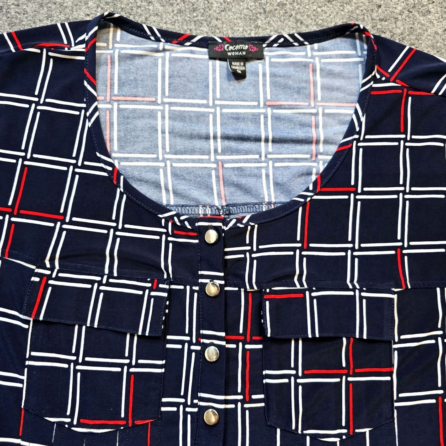Vintage Cocomo Top Womens 1X Blue Size Plaid Short Sleeve Stretchy Slinky Casual Career Size XL / US 12-14 / IT 48-50 - 2 Thumbnail