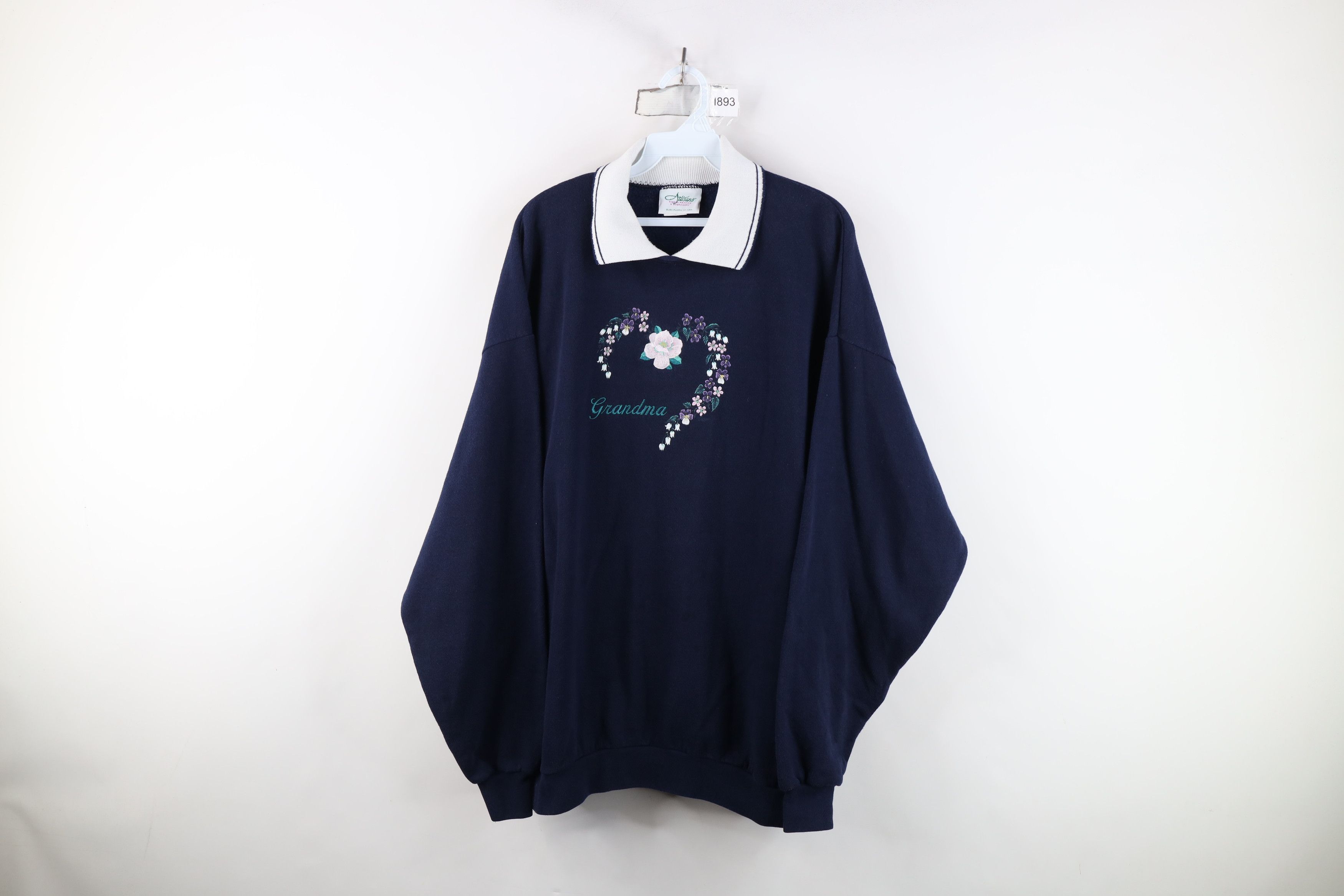 Vintage Vintage 90s Grandma Heart Collared Sweatshirt Blue USA Size XXL / US 16-18 / IT 52-54 - 1 Thumbnail
