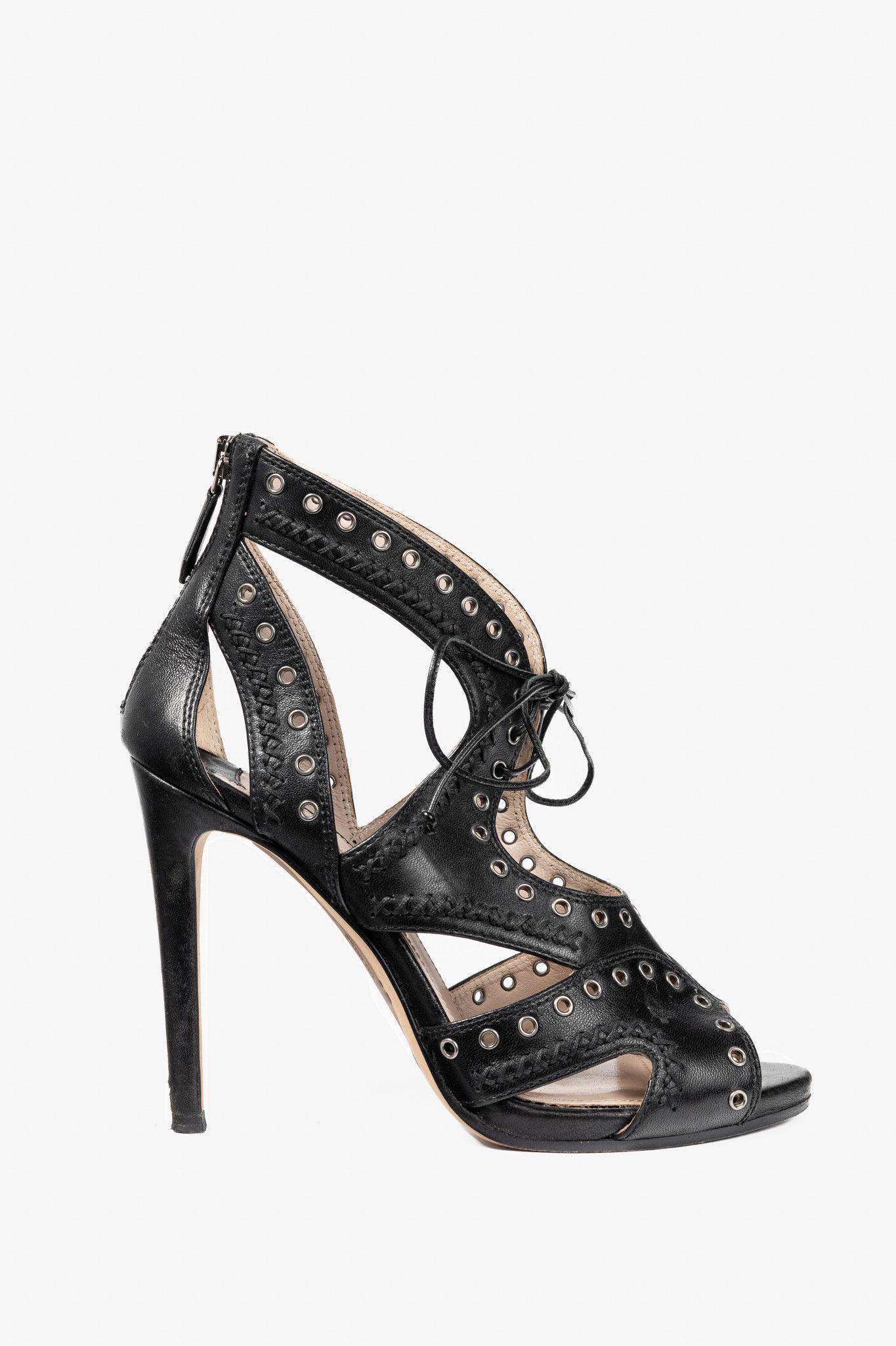 Miu Miu Black Leather Grommet Lace-Up Sandals