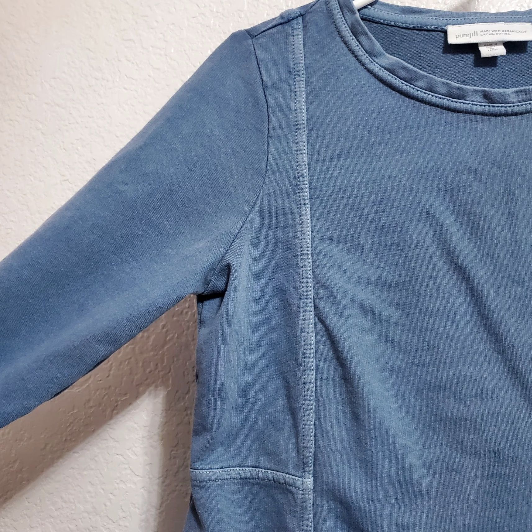 Vintage VINTAGE Pure Jill J Jill Dress Women XS Petite Organic Cotton 3/4 Sleeve Casual Comfort Pullover Side Slits Knee Length Blue Womens Size XS / US 0-2 / IT 36-38 - 5 Thumbnail