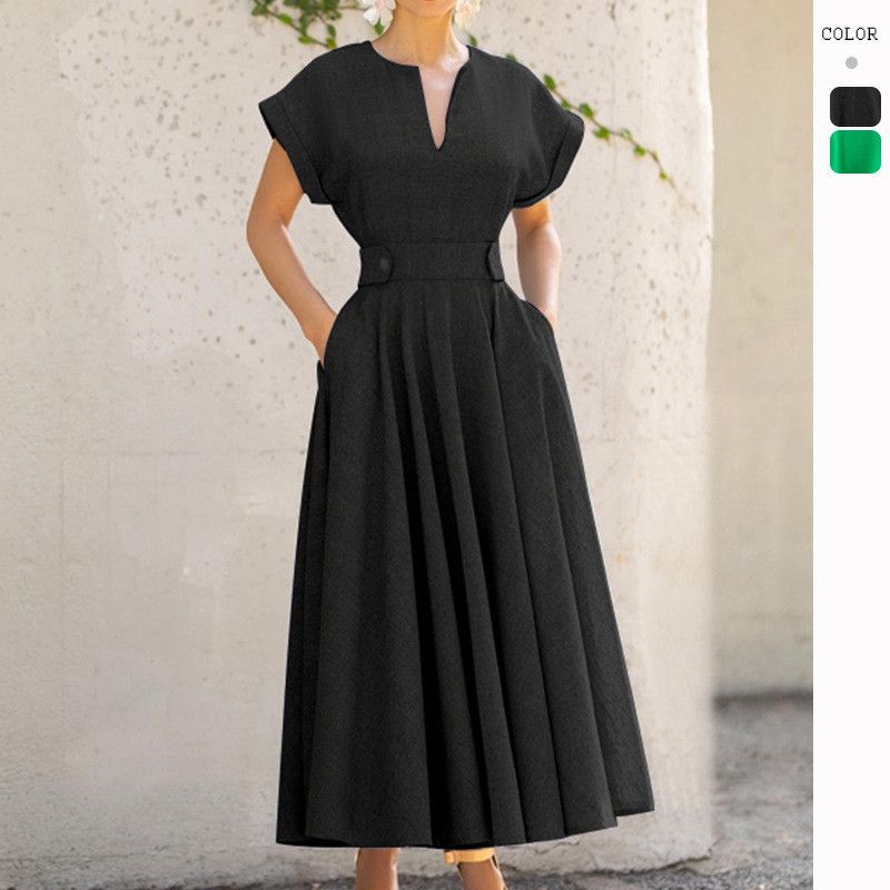 image of Vintage Shirt Temperament V-Neck Short Sleeve Dress in Black, Women's (Size Medium)