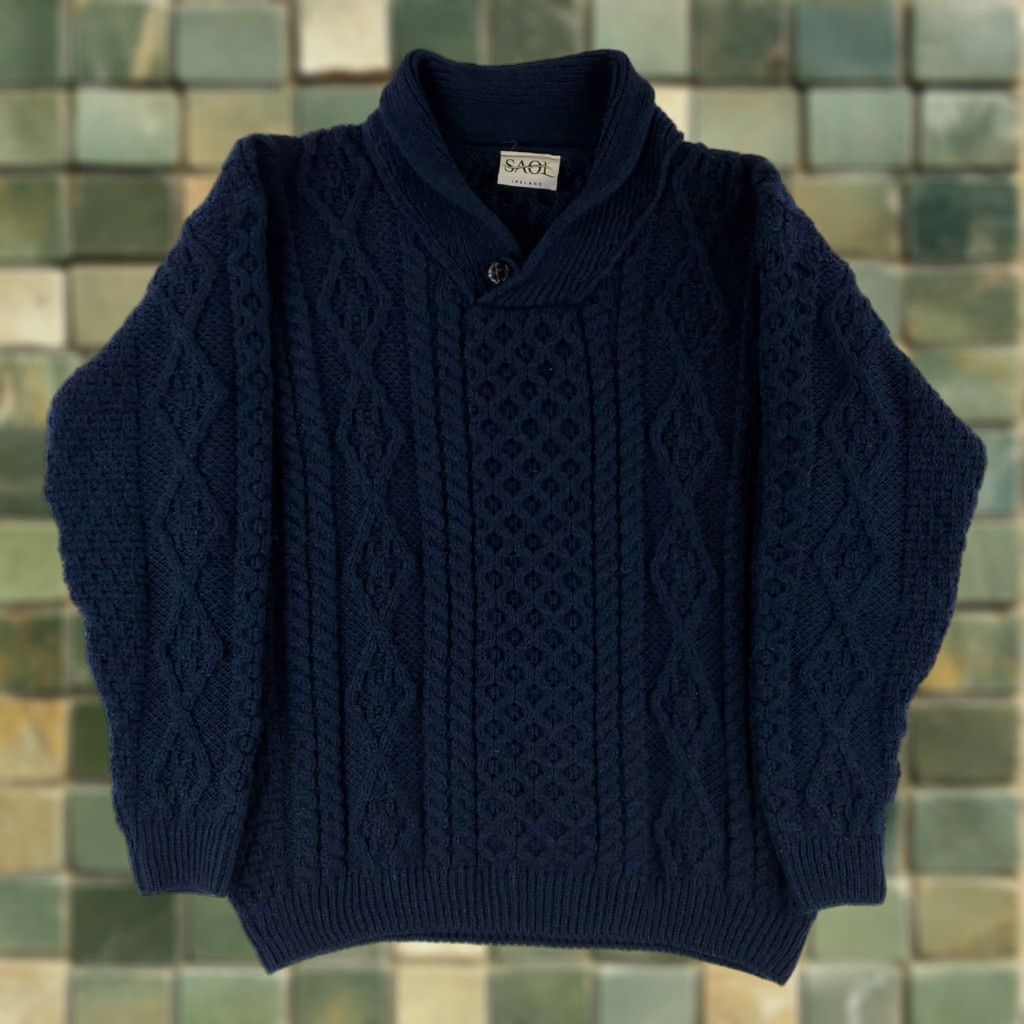 Vintage Saol Sweater Cable Knit 100% Merino Wool Ireland Blue Mens L Size US L / EU 52-54 / 3 - 1 Thumbnail