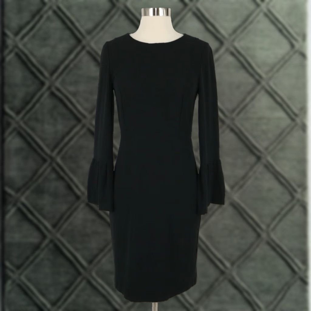 Massimo Dutti Sheath Dress Womens XS Black Long Bell Sleeves Stretch Crew  Neck