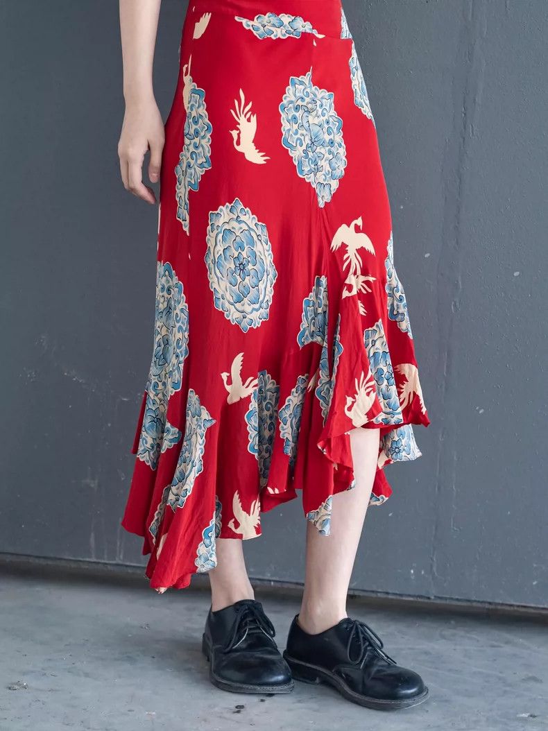 Kenzo KENZO Bird and flower silk irregular skirt vintage Size 25" / US 0 / IT 36 - 5 Thumbnail