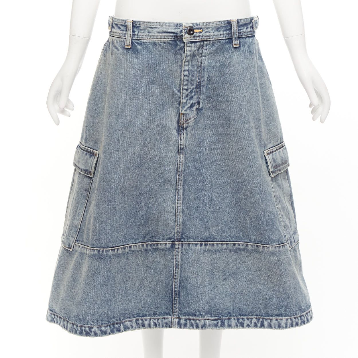 Balenciaga BALENCIAGA Demna 2021 Cargo Kick blue denim low waist logo midi skirt FR38 M Size 28" / US 6 / IT 42 - 1 Thumbnail