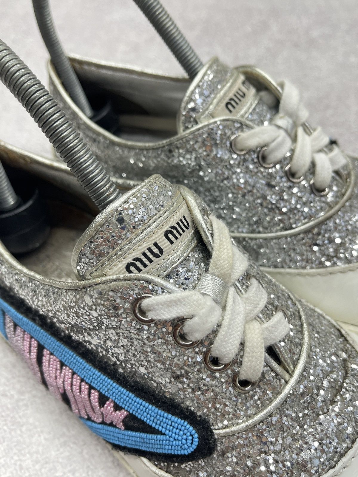 Miu Miu Miu Miu Leather Low Top Sneakers White/Glitter Silver Luxury Size US 7 / IT 37 - 8 Thumbnail