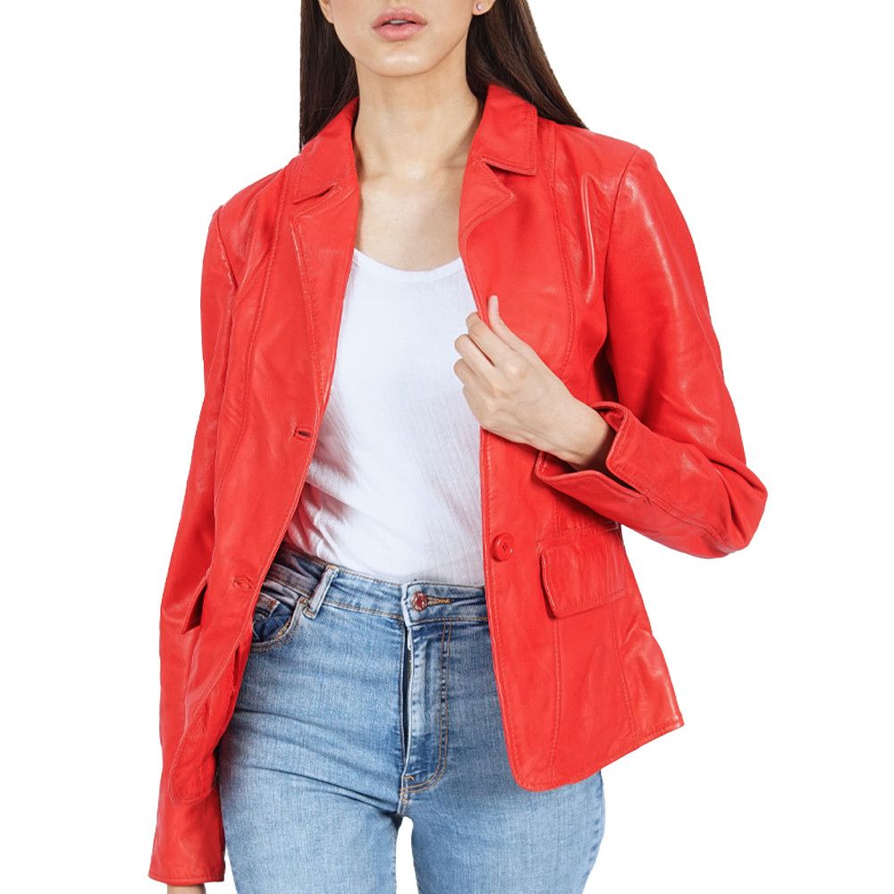 image of Helena Blazer Red Leather Jacket, Women's (Size Medium)