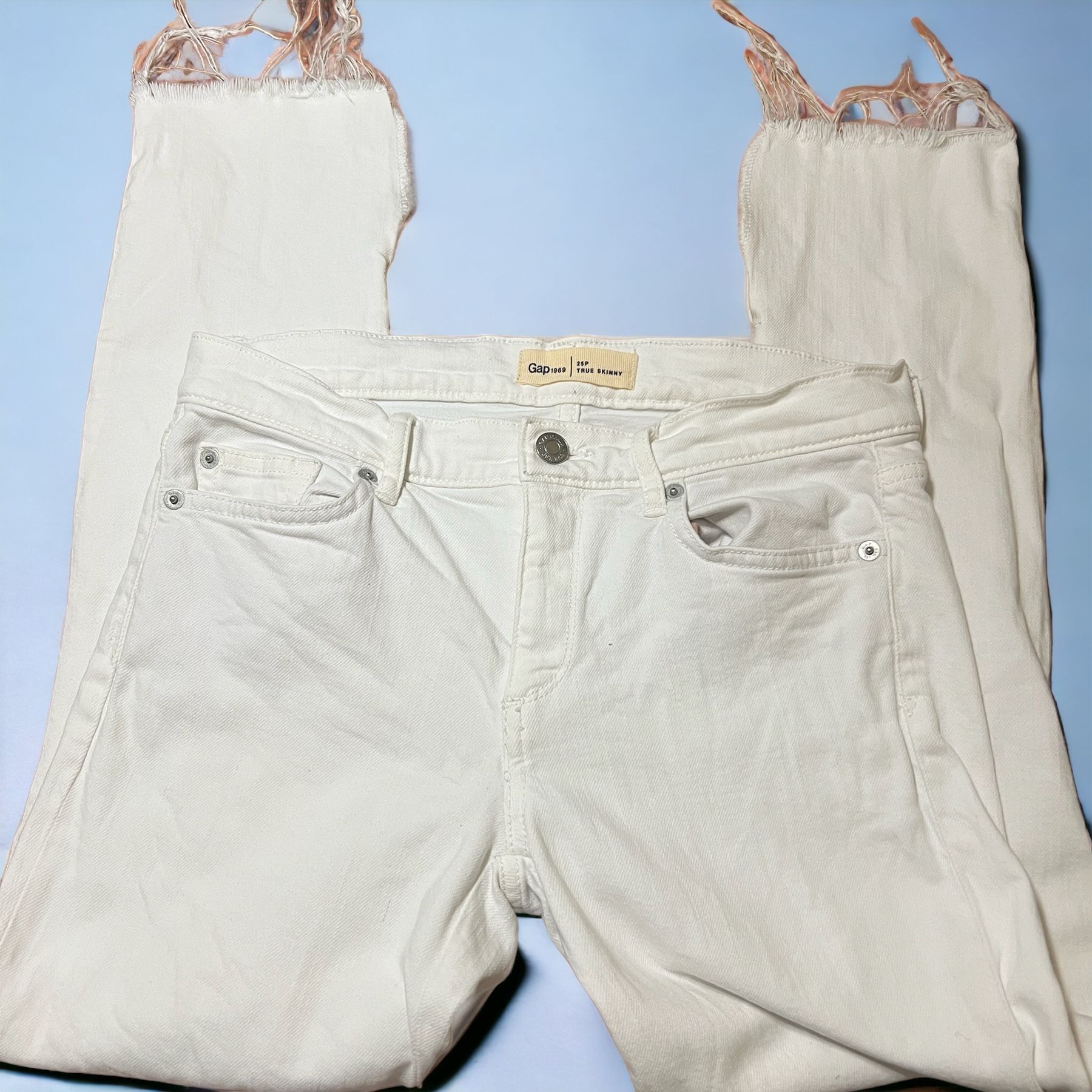Gap Gap White True Skinny Jeans Raw Hem Ankle Side Slits Distres Size 25" / US 0 / IT 36 - 1 Thumbnail
