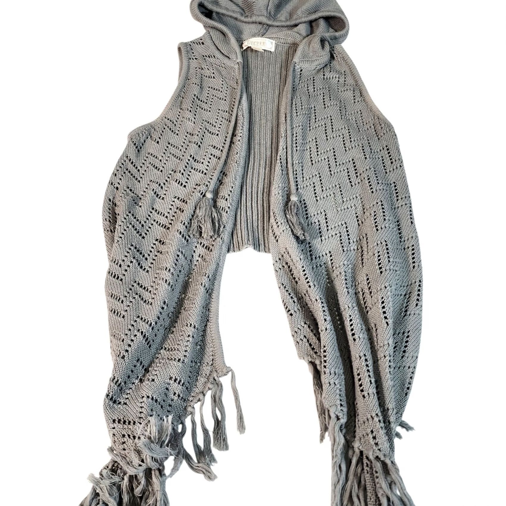 Decree DECREE Gray Crochet Knit Hooded Fringe Vest Cardigan Women's M Mango? Size M / US 6-8 / IT 42-44 - 3 Thumbnail