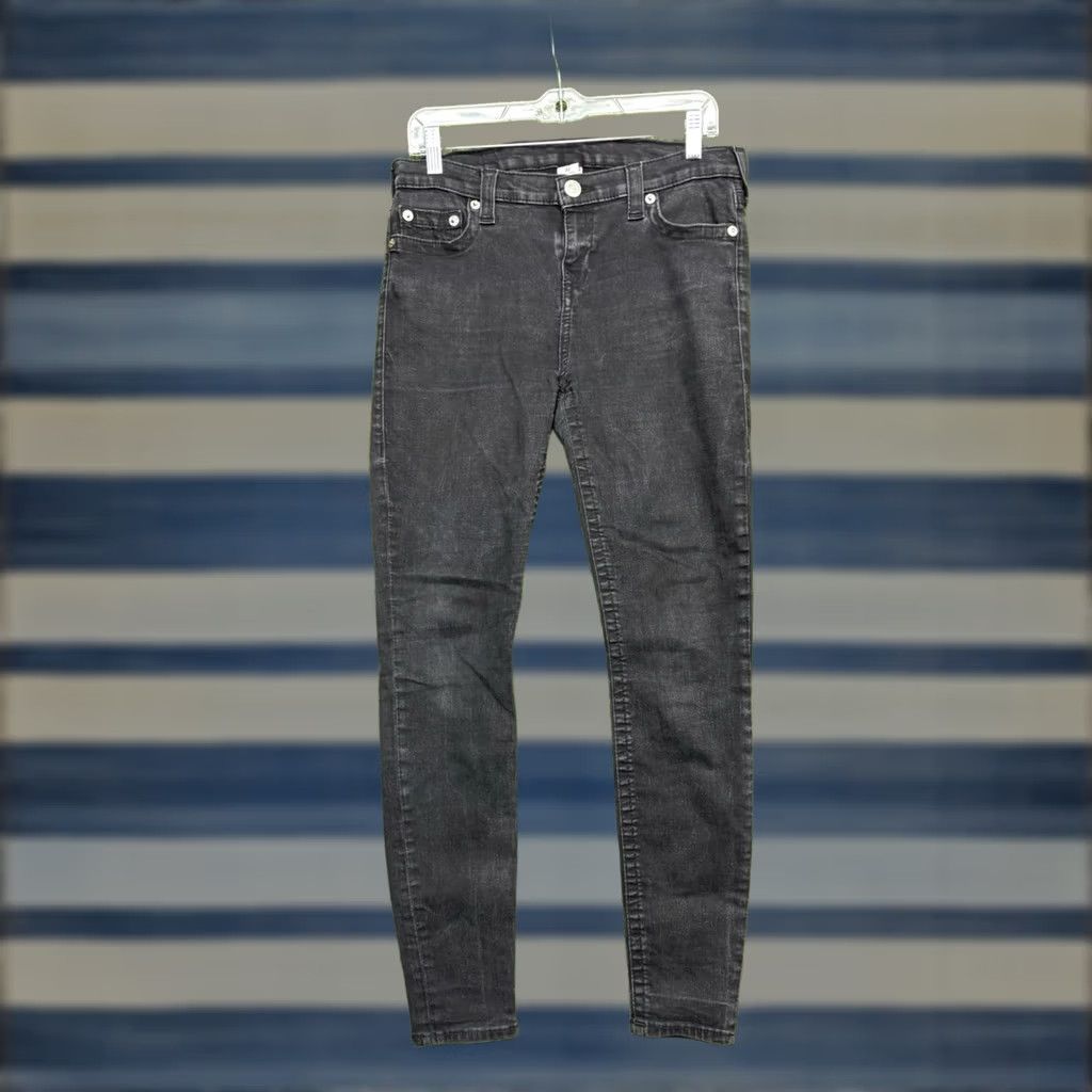 True Religion True Religion Jeans Womens 32 Black Halle Crystal Skinny Distressed Mid Rise Ankle Zip 5-Pocket Dark Wash World Tour Halle Womens Slim Jeans Size 24" / US 00 / IT 34 - 1 Thumbnail