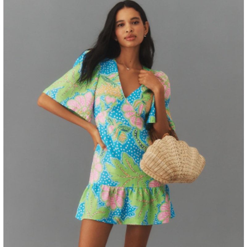 Rhode Mariana Dress Blue Psychedelic Flower Linen 14 NWT